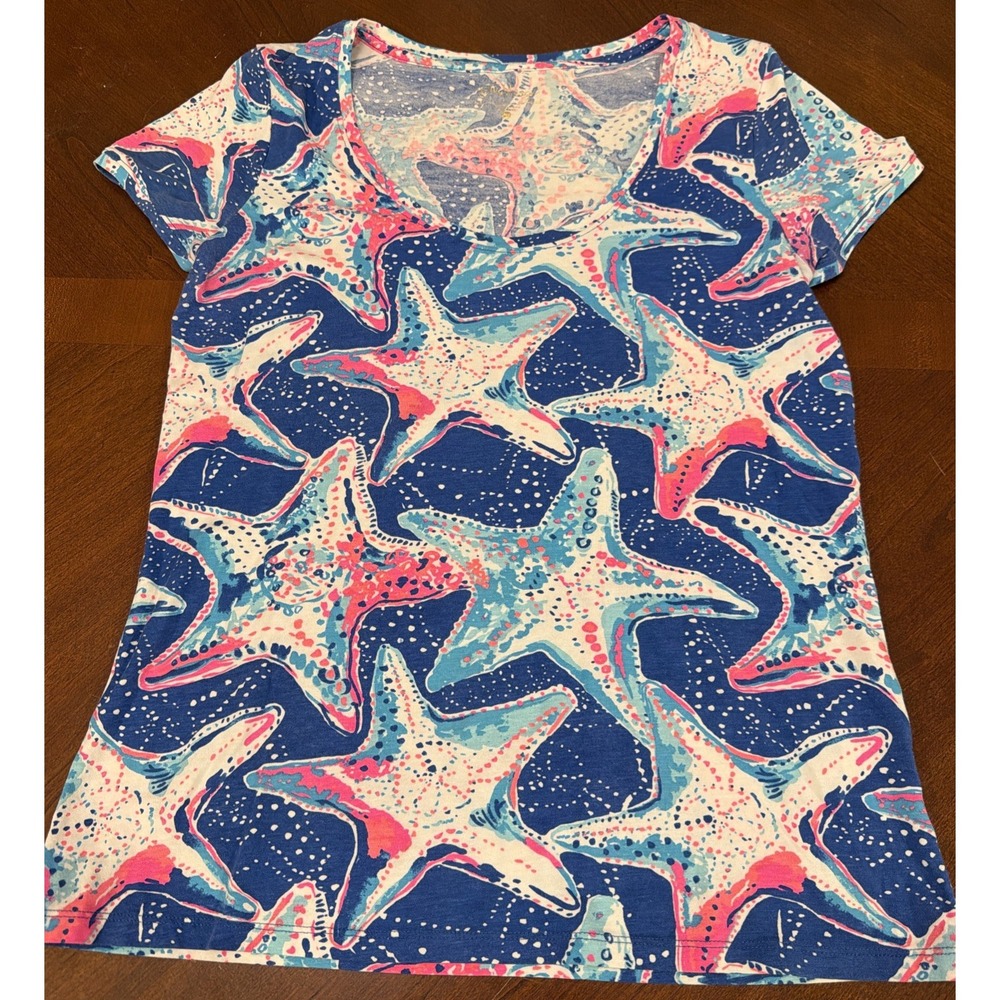 Lilly Pulitzer Dori Tee Starfish Indigo Star Struck Scoop Neck Pima Cotton Sz M